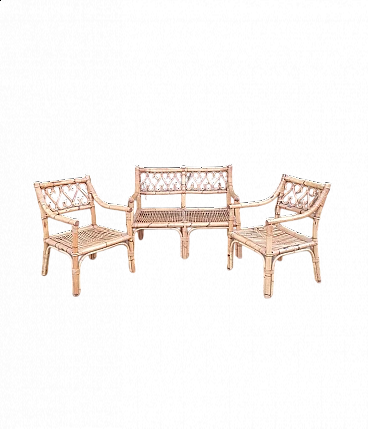 Bamboo sofa and pair of armchairs, 1970s