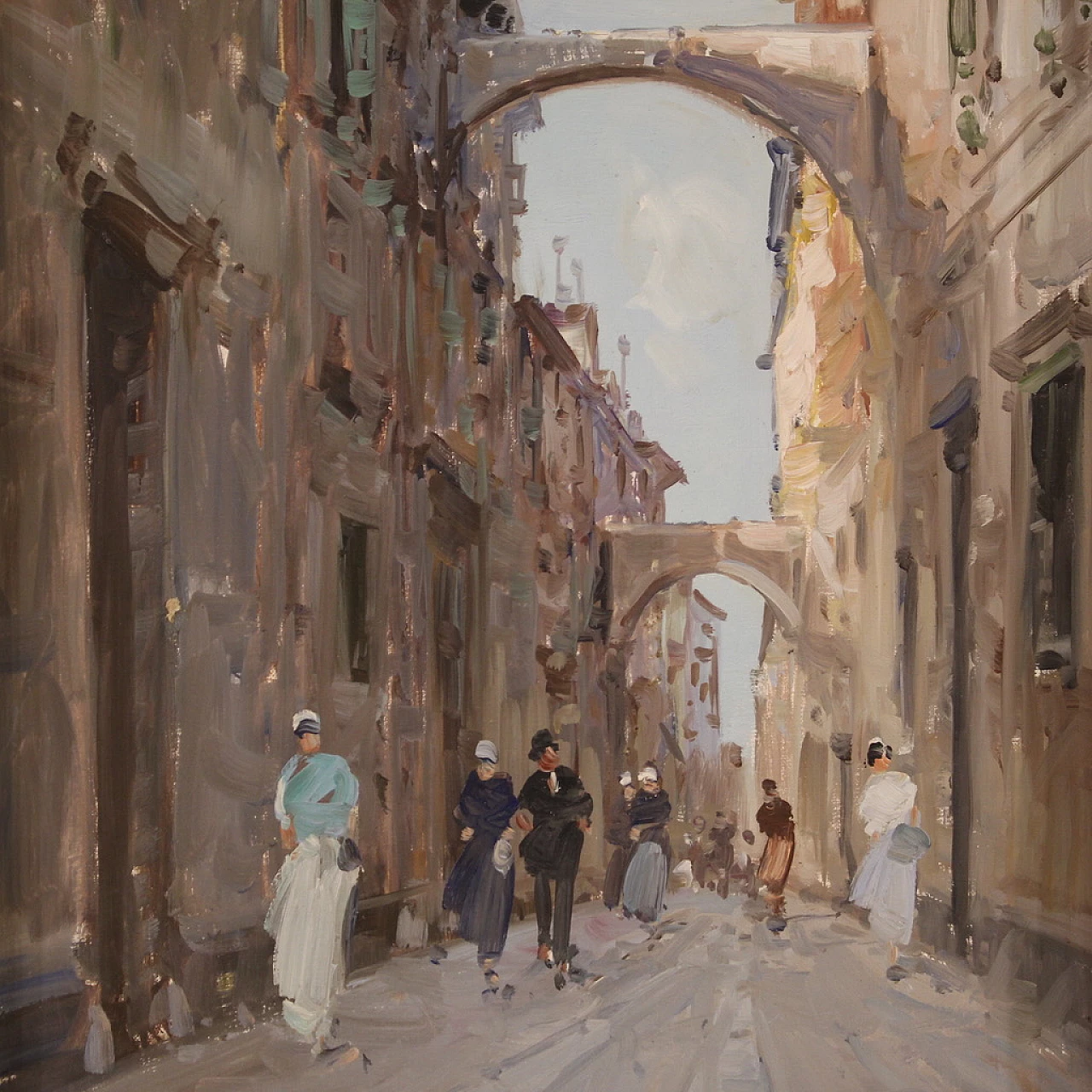 City view painting with figures in impressionist style, oil on canvas, 1960s 1