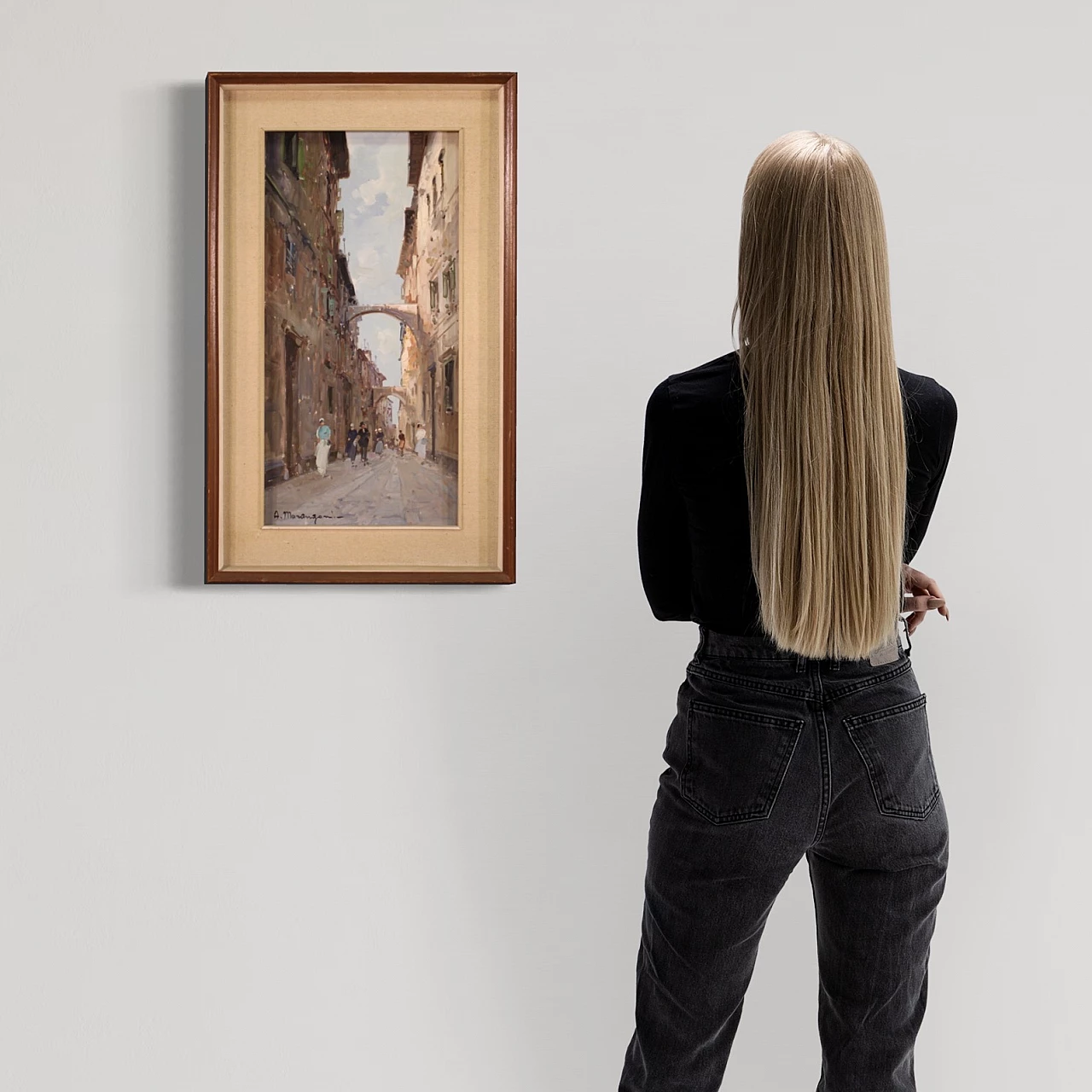 City view painting with figures in impressionist style, oil on canvas, 1960s 4