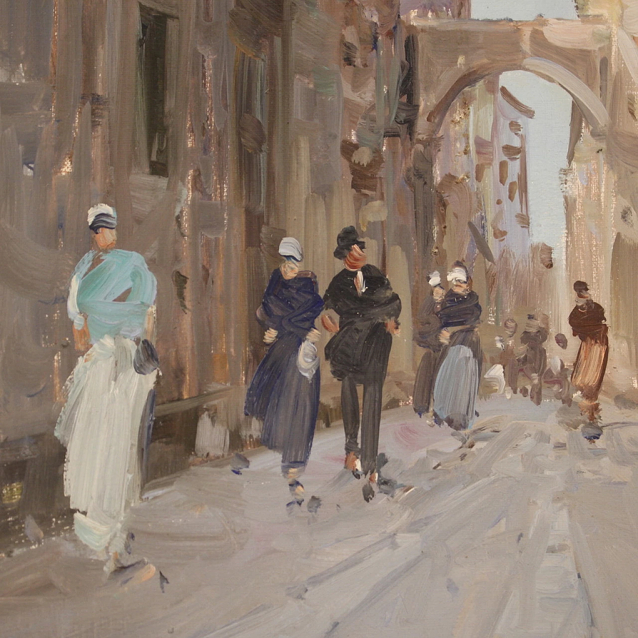 City view painting with figures in impressionist style, oil on canvas, 1960s 5