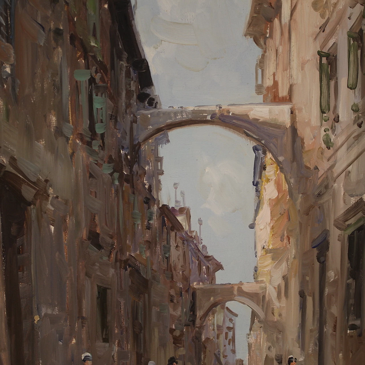 City view painting with figures in impressionist style, oil on canvas, 1960s 8