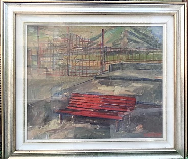 Adriano Bogoni, veduta con panchina rossa, dipinto a olio su tela