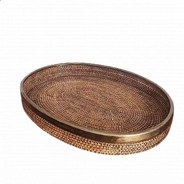 Wicker and brass tray in the style of Gabriella Crespi, 1970s