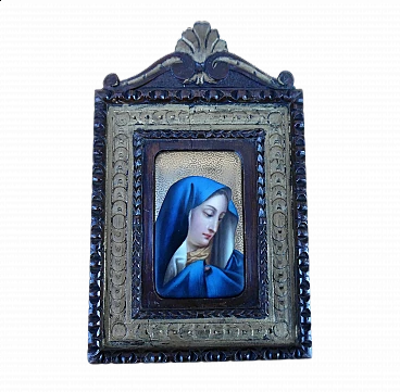 Ceramic Madonna with wood frame, late 19th century