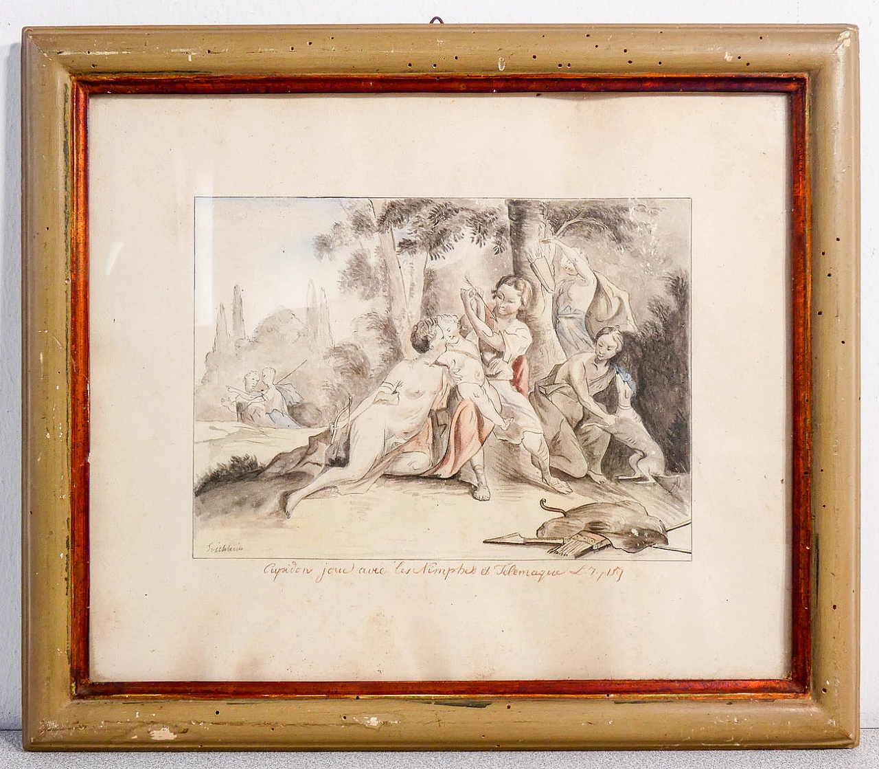 Cupid playing with the Nimphes and Telemachus, watercolour and pencil on paper, 19th century 1