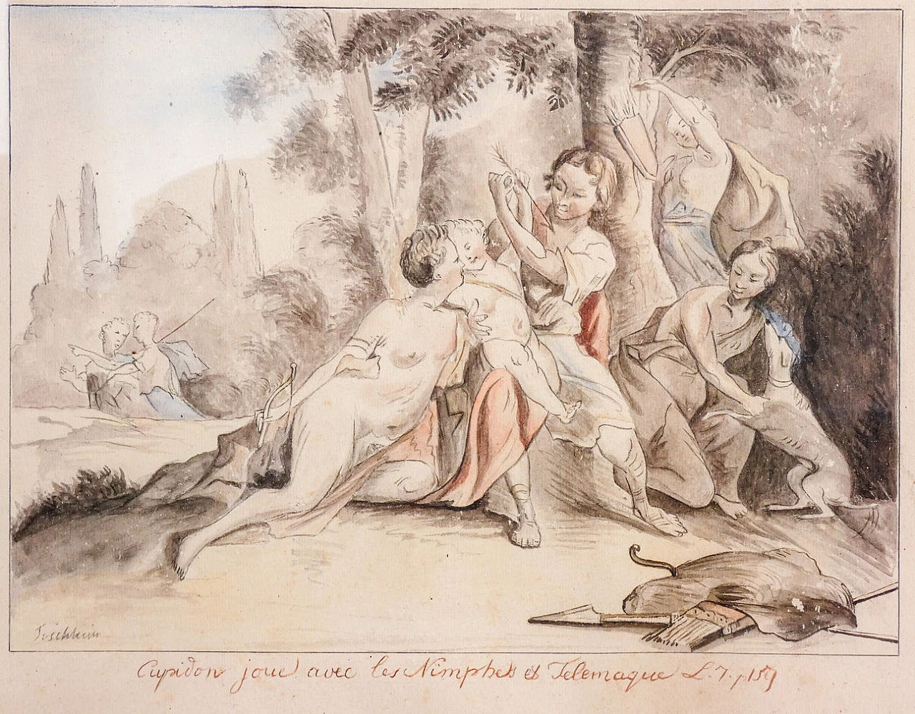 Cupid playing with the Nimphes and Telemachus, watercolour and pencil on paper, 19th century 2