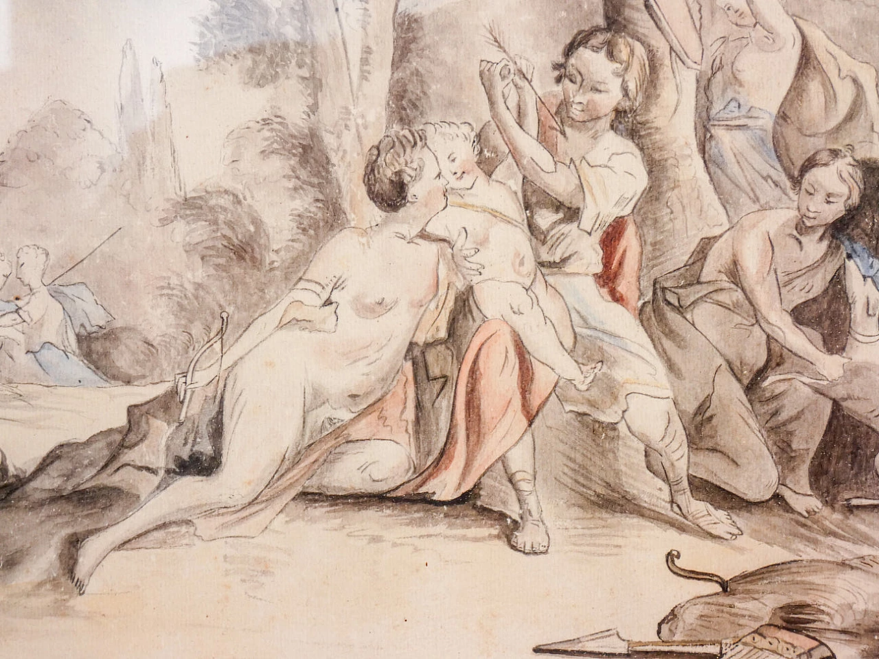 Cupid playing with the Nimphes and Telemachus, watercolour and pencil on paper, 19th century 3