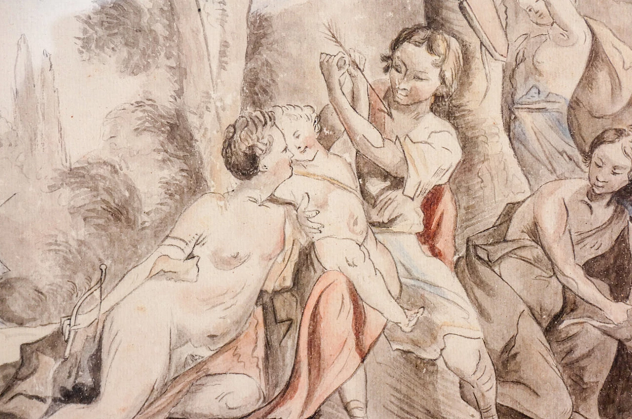 Cupid playing with the Nimphes and Telemachus, watercolour and pencil on paper, 19th century 4