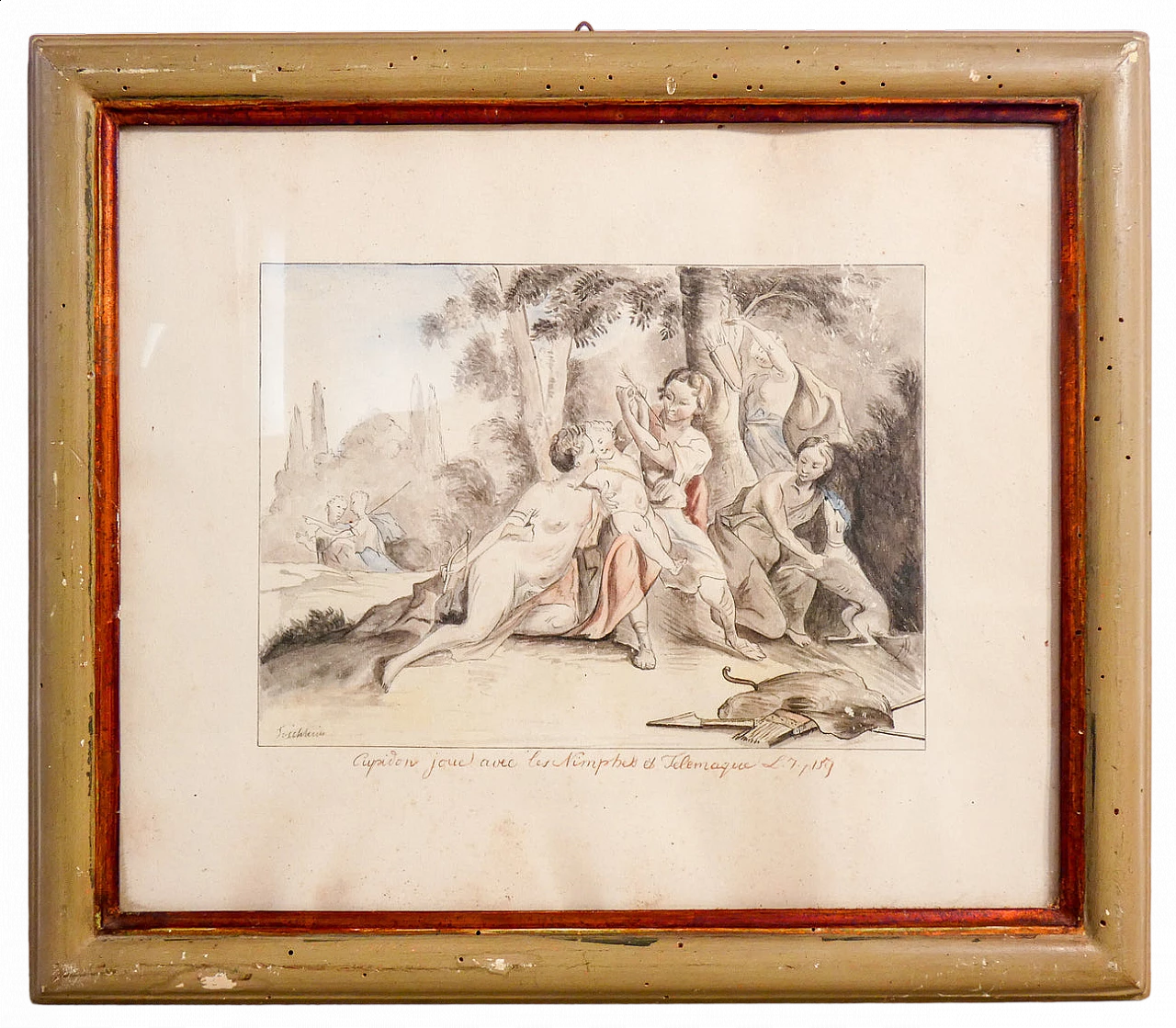 Cupid playing with the Nimphes and Telemachus, watercolour and pencil on paper, 19th century 7