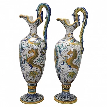Pair of painted ceramic amphorae by Deruta, early 20th century