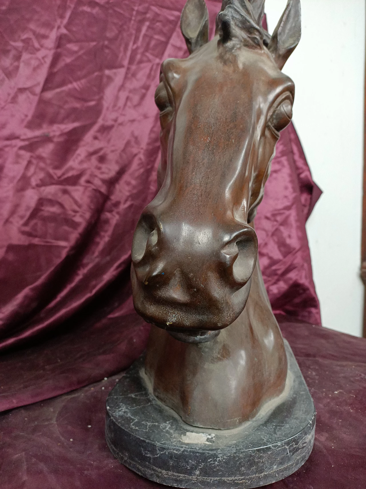 Bronze horse head with marble base, 1940s 1