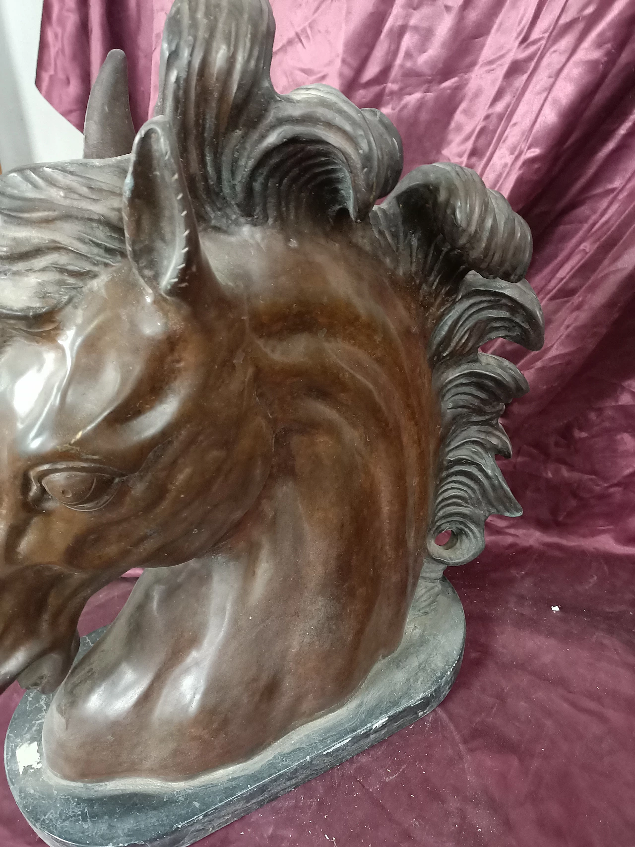Bronze horse head with marble base, 1940s 2