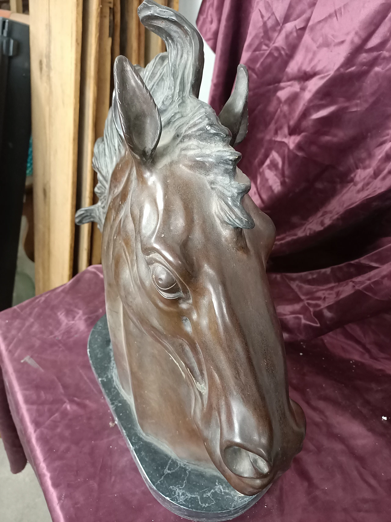 Bronze horse head with marble base, 1940s 3
