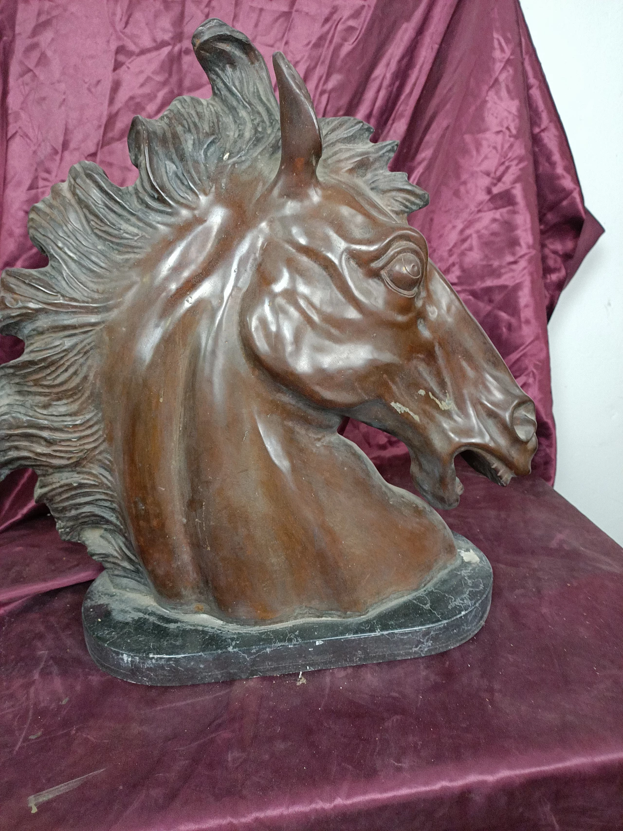 Bronze horse head with marble base, 1940s 4
