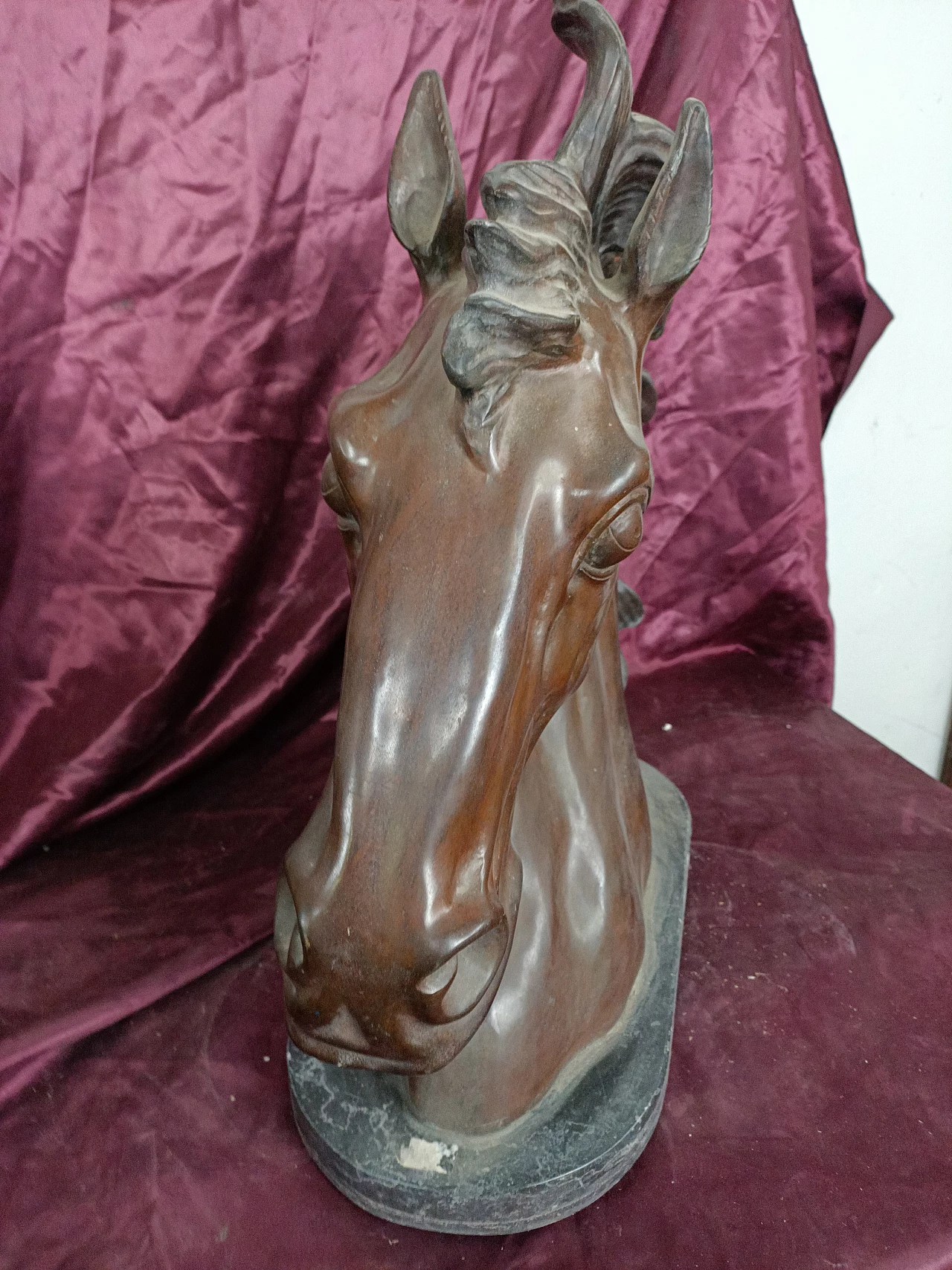 Bronze horse head with marble base, 1940s 5