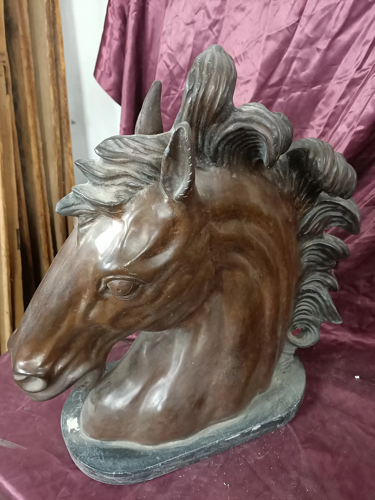 Bronze horse head with marble base, 1940s 7