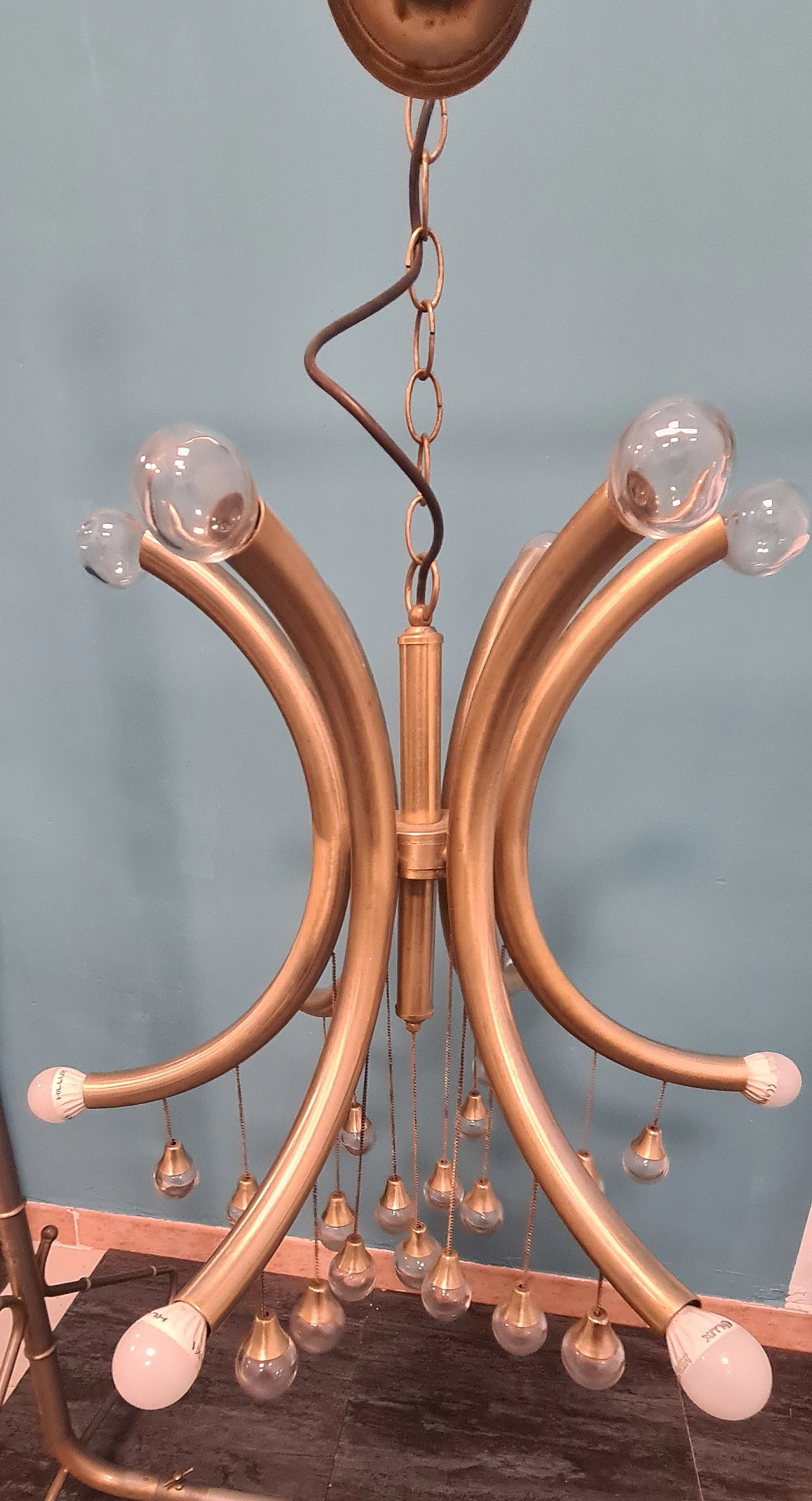 Six-light brass and glass chandelier by Gaetano Sciolari, 1970s 2