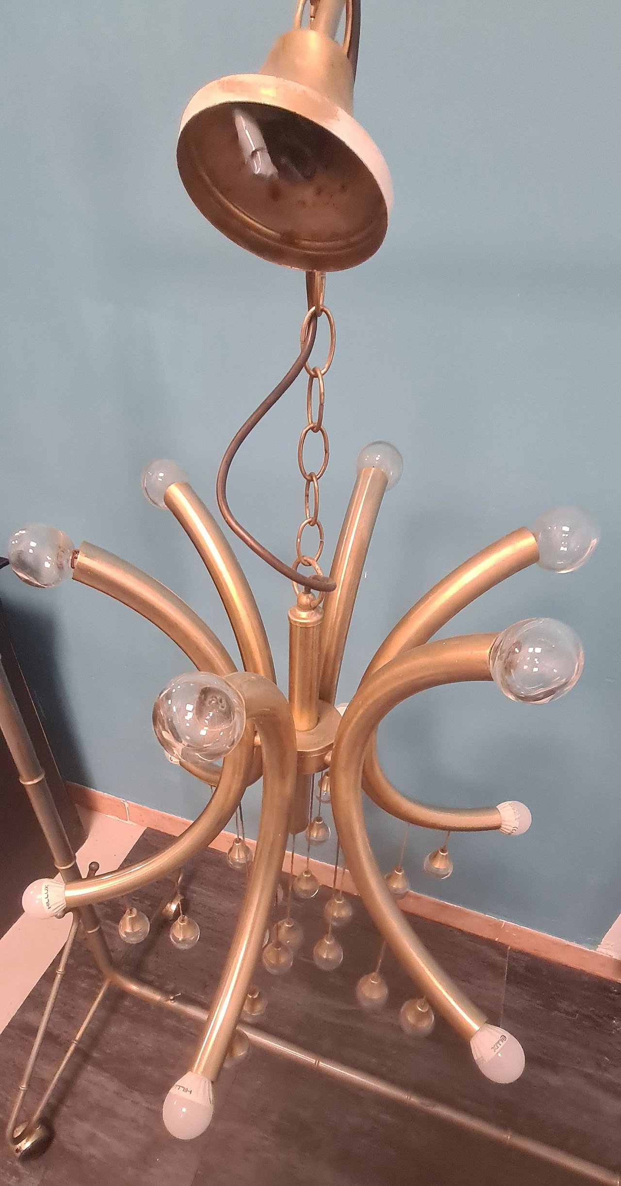 Six-light brass and glass chandelier by Gaetano Sciolari, 1970s 11