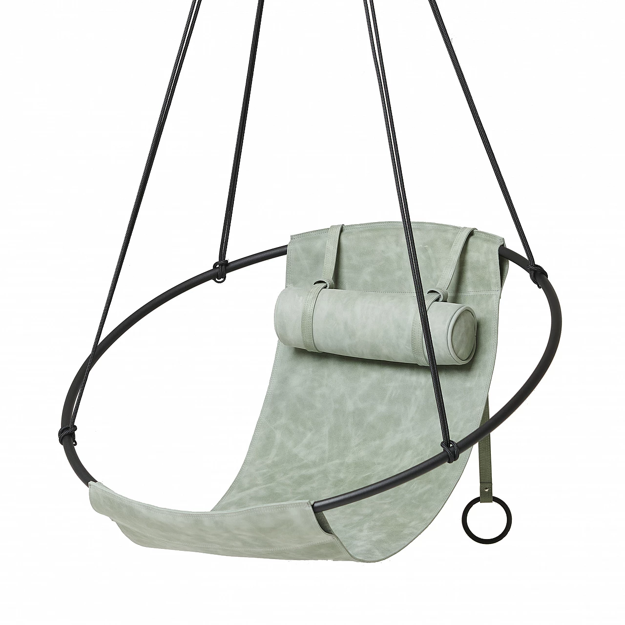 Sage green leather hanging armchair 1