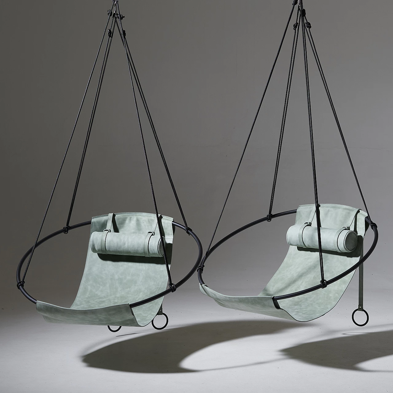 Sage green leather hanging armchair 2