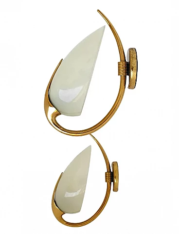 Pair of glass and brass wall lamps by Oscar Torlasco for Lumi Italia, 1950s