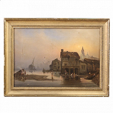 French painting of coastal landscape, oil on canvas, 19th century