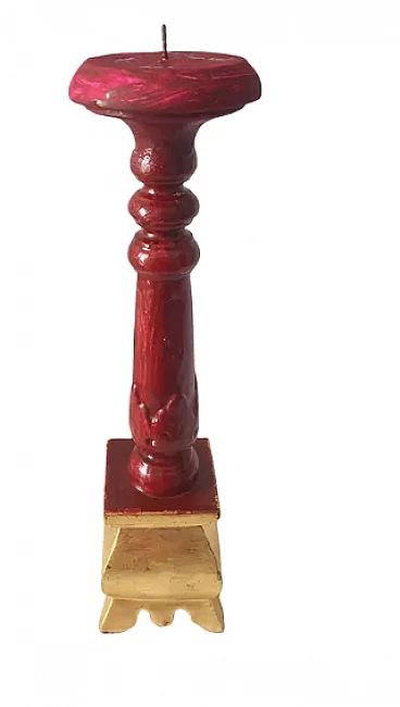 Carved wooden candelabrum lacquered in gold and wine red, 1940s