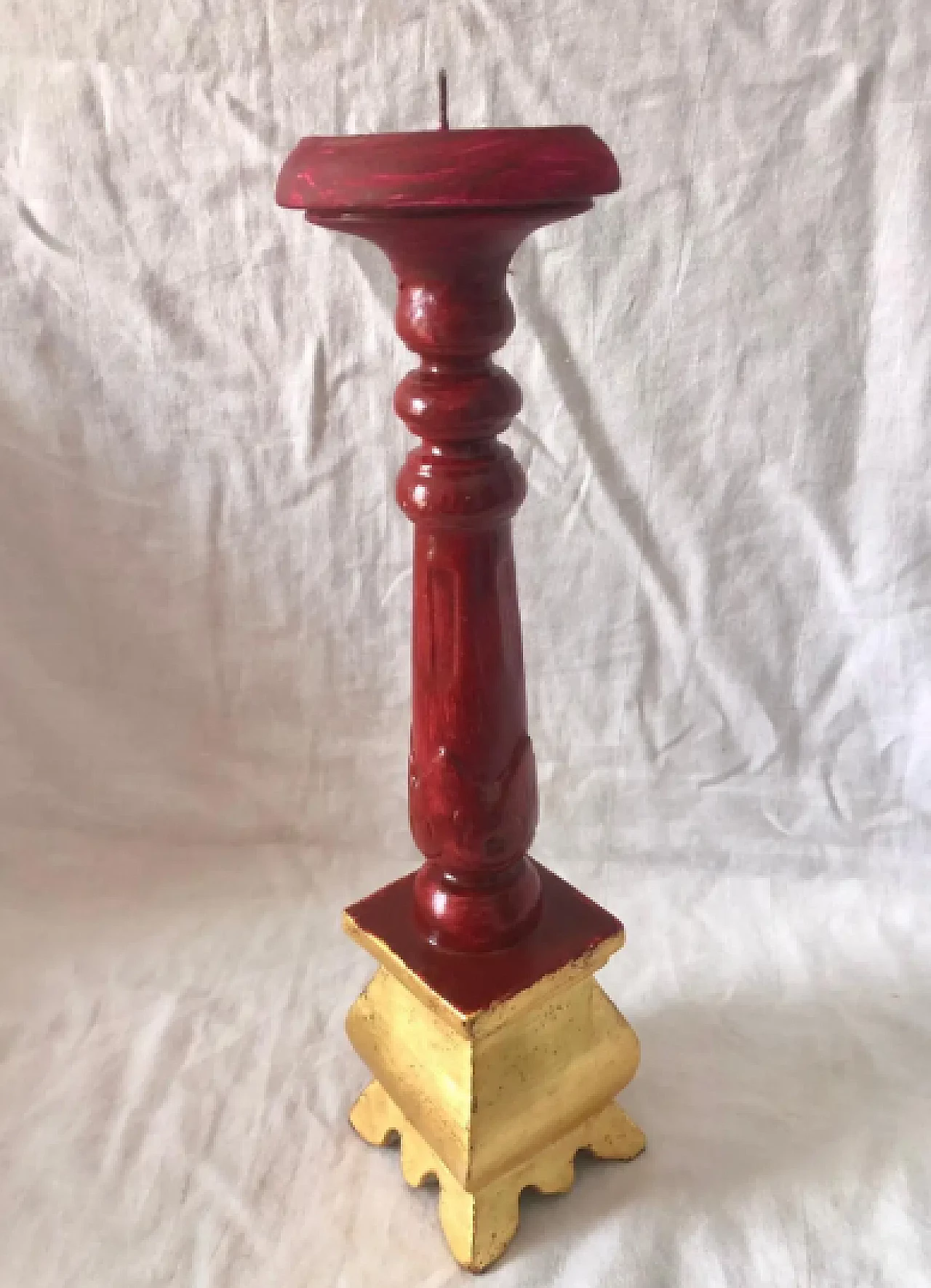 Carved wooden candelabrum lacquered in gold and wine red, 1940s 4