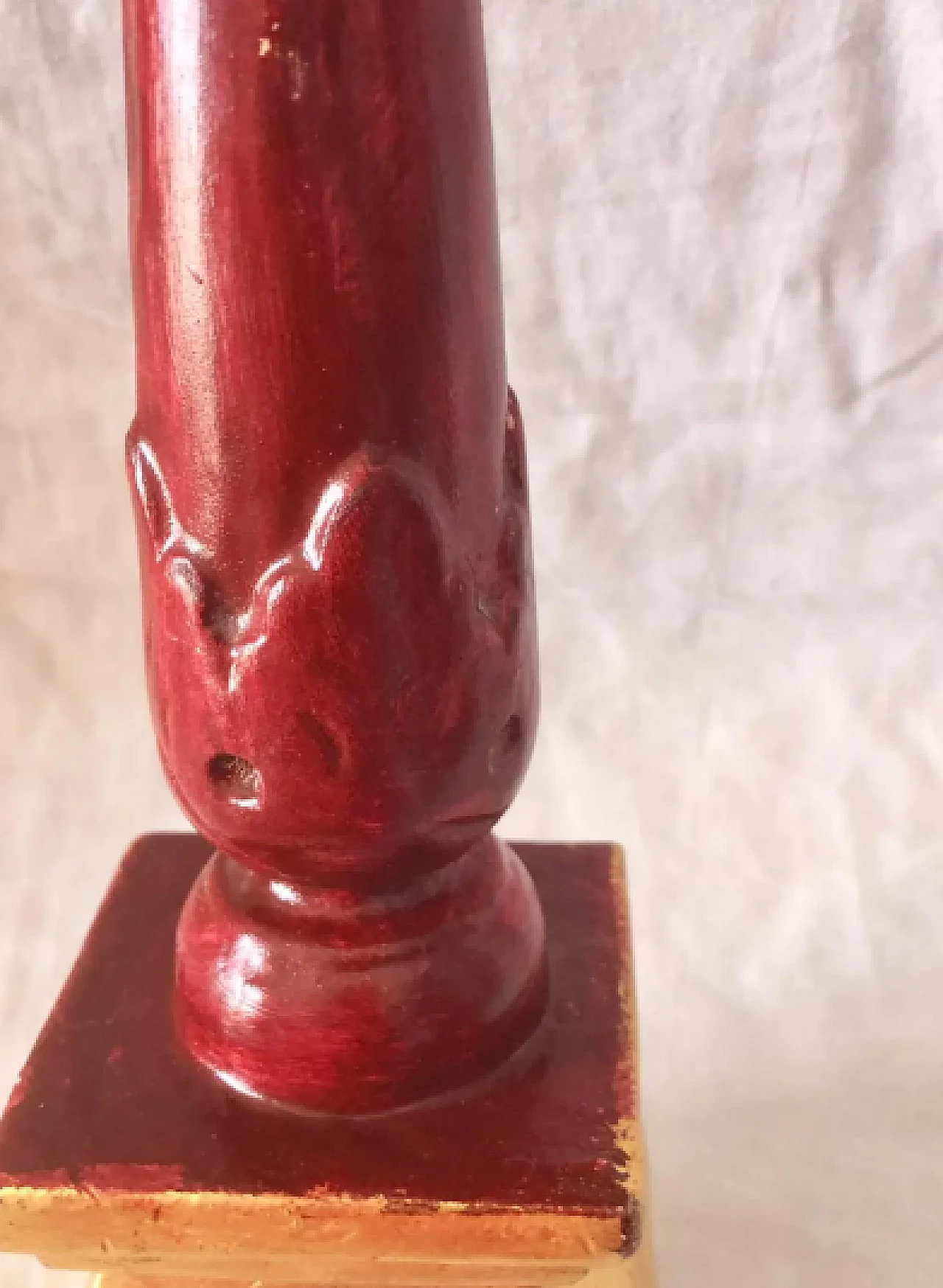 Carved wooden candelabrum lacquered in gold and wine red, 1940s 6