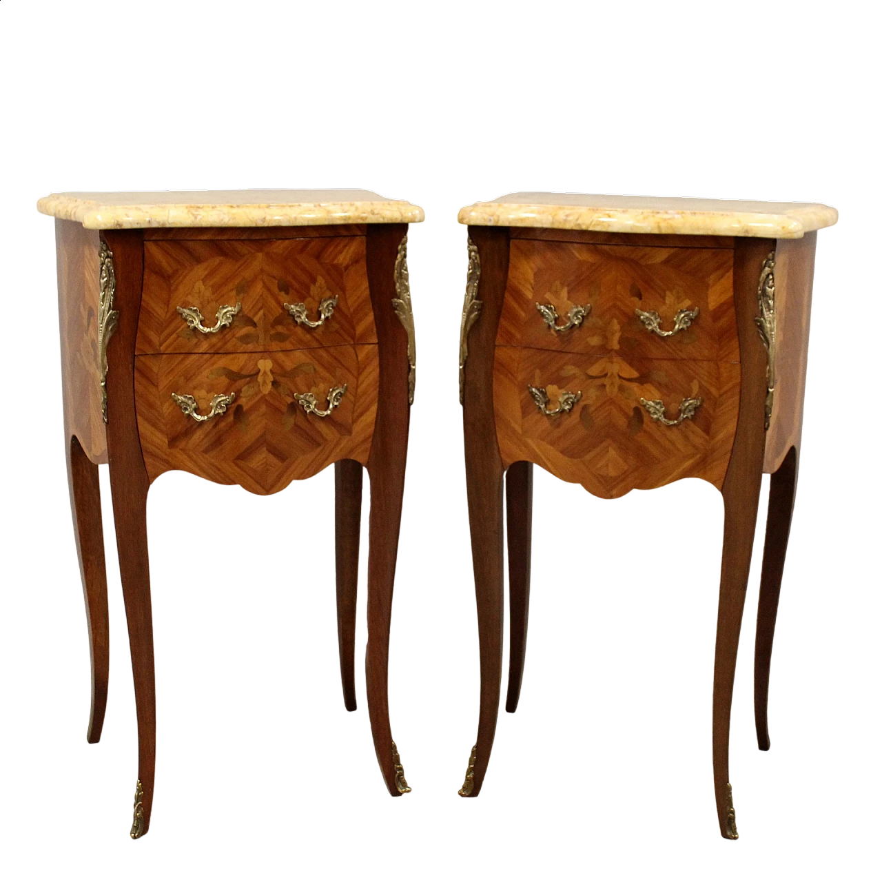 Pair of Napoleon III bedside tables in inlaid wood and marble, early 20th century 9