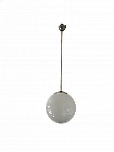 Bauhaus metal chandelier with opaline glass bowl, 1940s