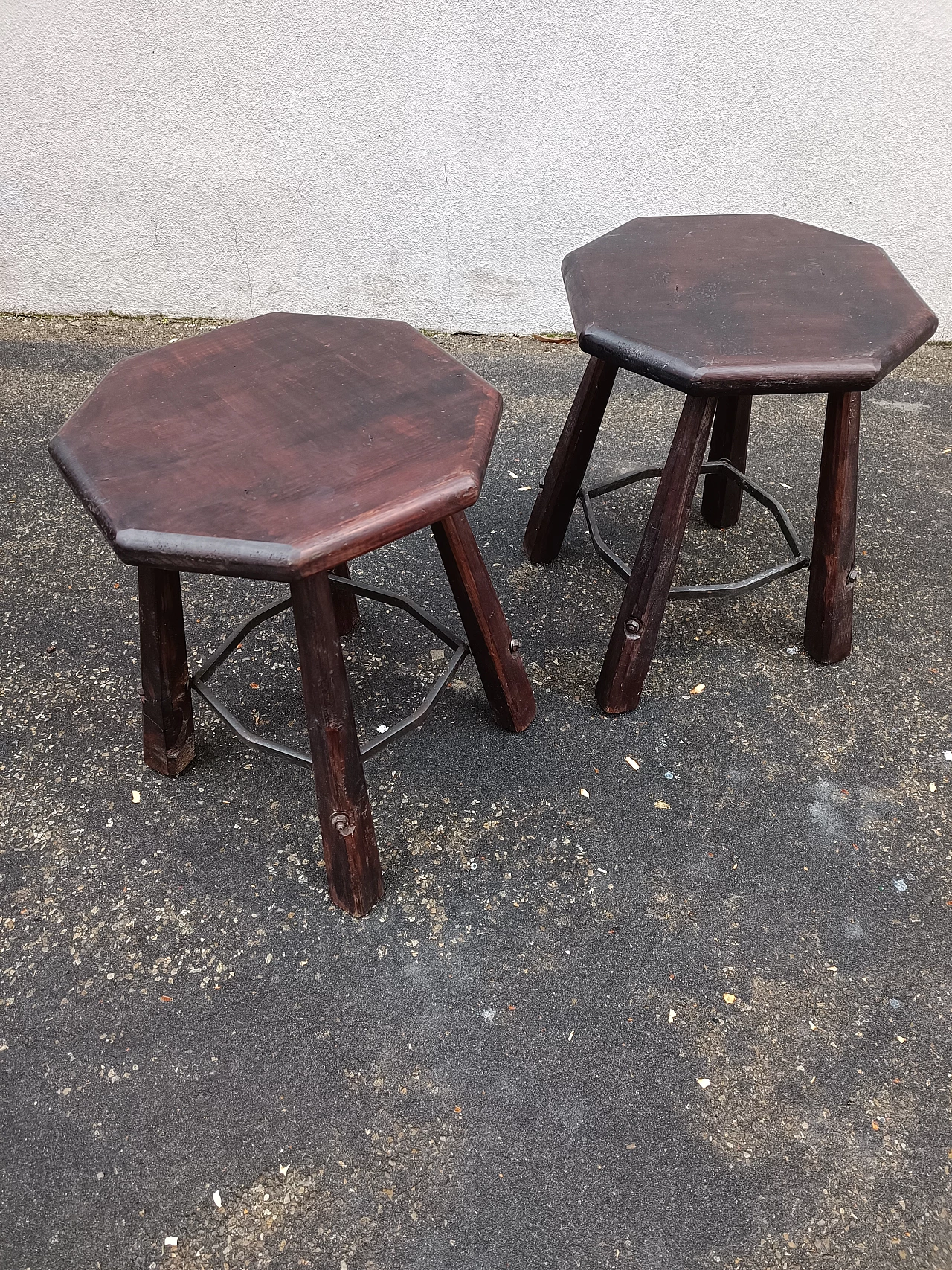 Pair of wood and iron stools, 1960s 1