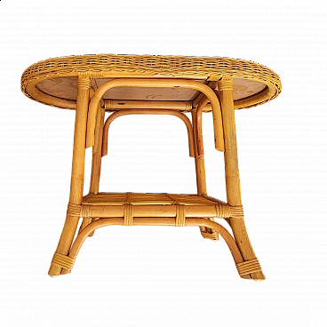 Tavolino con doppio ripiano in bambù e midollino, anni '70