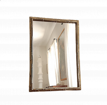 Specchio con cornice in metallo dorato effetto bambù, anni '70
