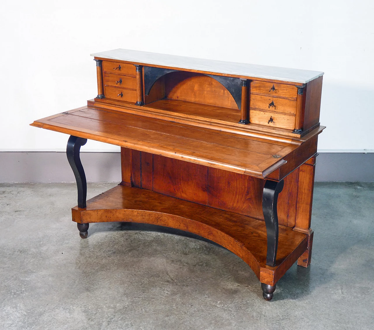Empire walnut writing desk with flap top, small drawers and front drawer, 19th century 1