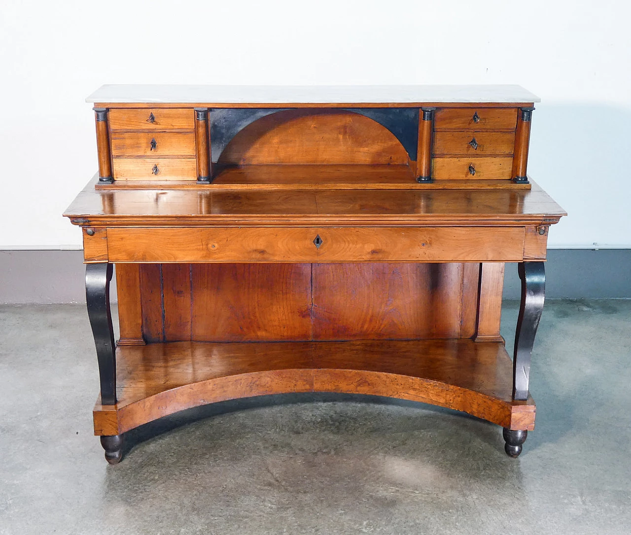 Empire walnut writing desk with flap top, small drawers and front drawer, 19th century 2