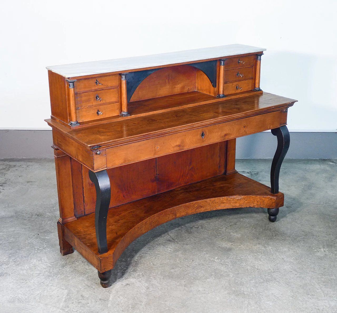 Empire walnut writing desk with flap top, small drawers and front drawer, 19th century 4