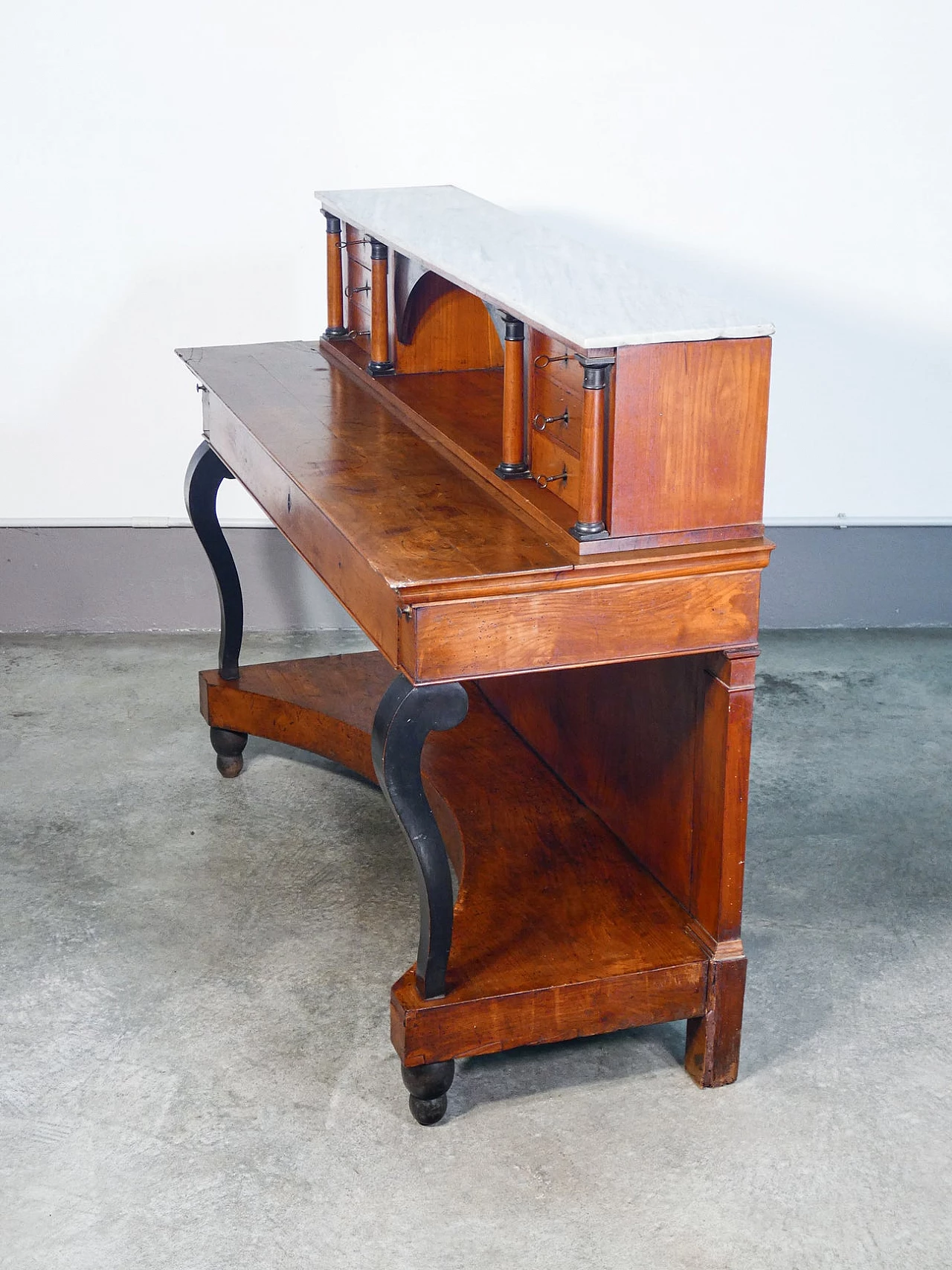 Empire walnut writing desk with flap top, small drawers and front drawer, 19th century 5