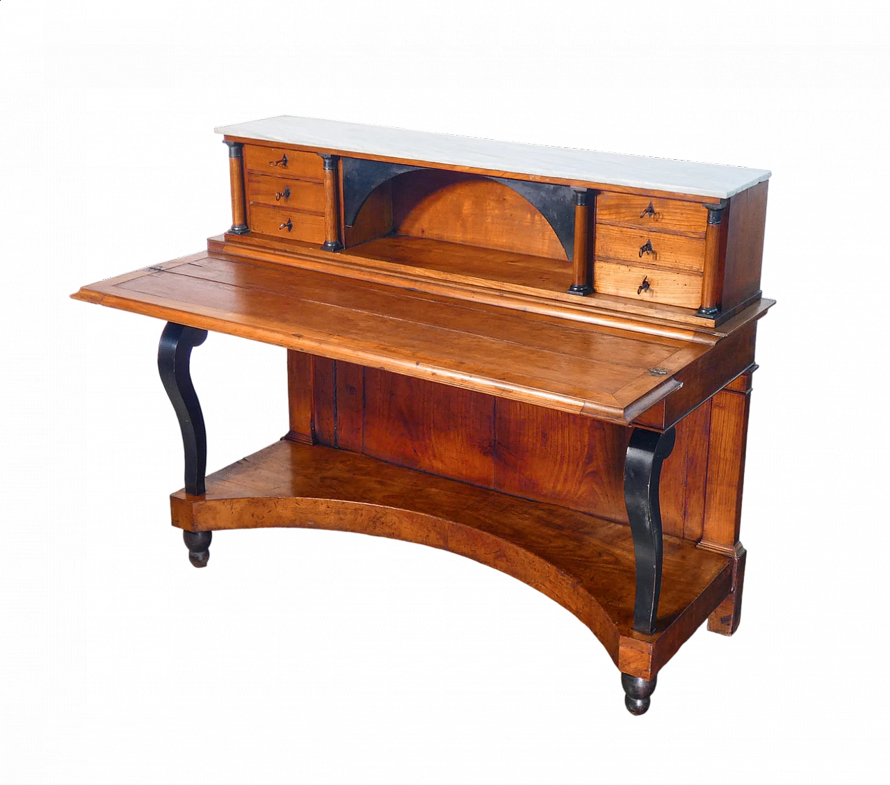 Empire walnut writing desk with flap top, small drawers and front drawer, 19th century 12