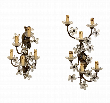 Pair of bronze and glass wall lights, 1960s