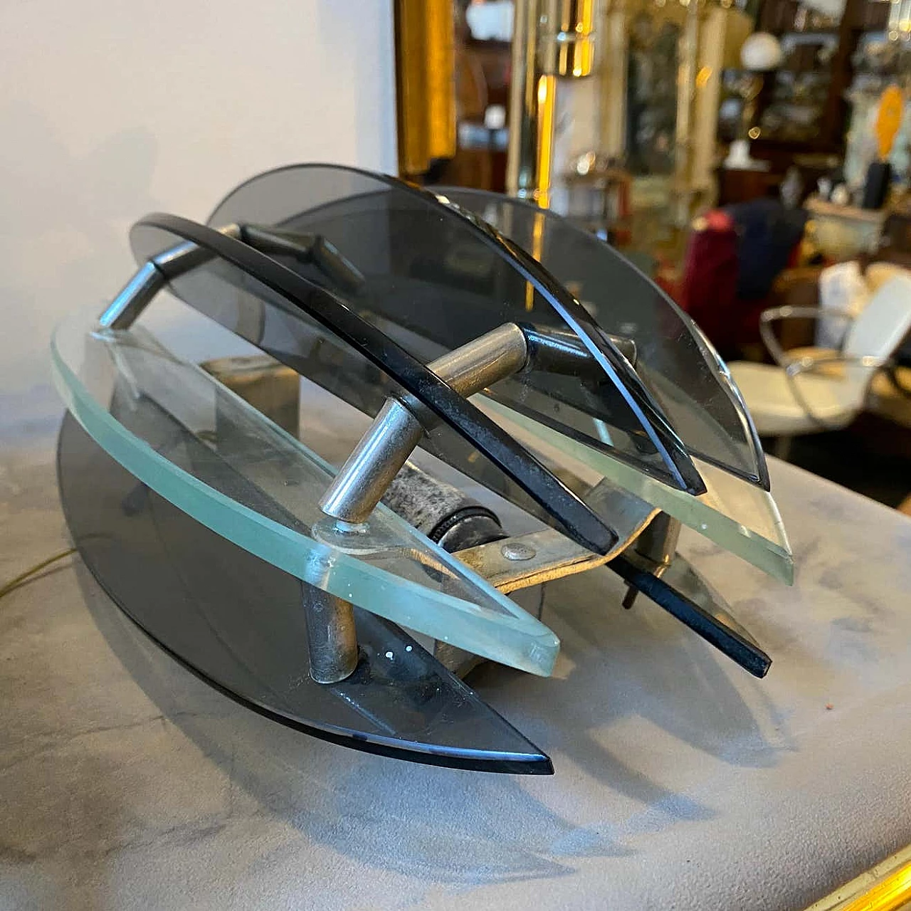 Pair of Space Age wall lights in chrome-plated metal and glass by Veca, 1970s 7