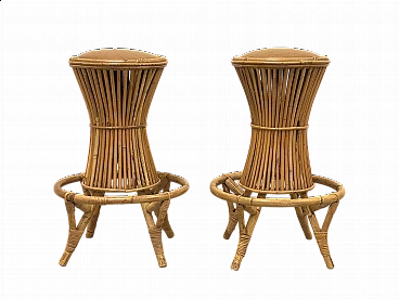 Pair of bamboo and leatherette bar stools, 1970s