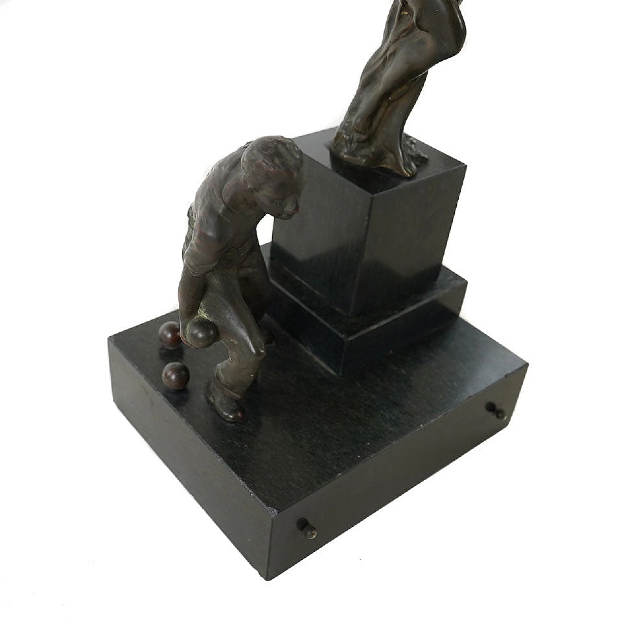 Trofeo di gara per torneo di bocce in bronzo e marmo, anni '30 2