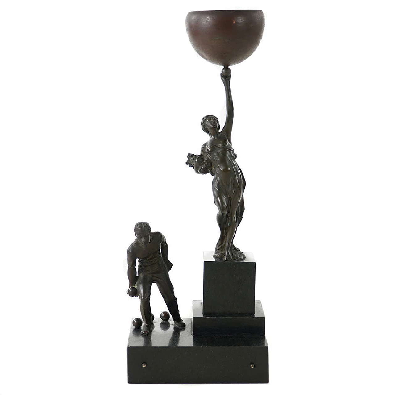 Trofeo di gara per torneo di bocce in bronzo e marmo, anni '30 3