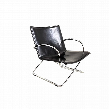 Metal and black leather armchair, 1970s
