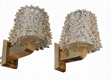 Pair of brass and rostrato glass wall lights by Barovier, 1940s
