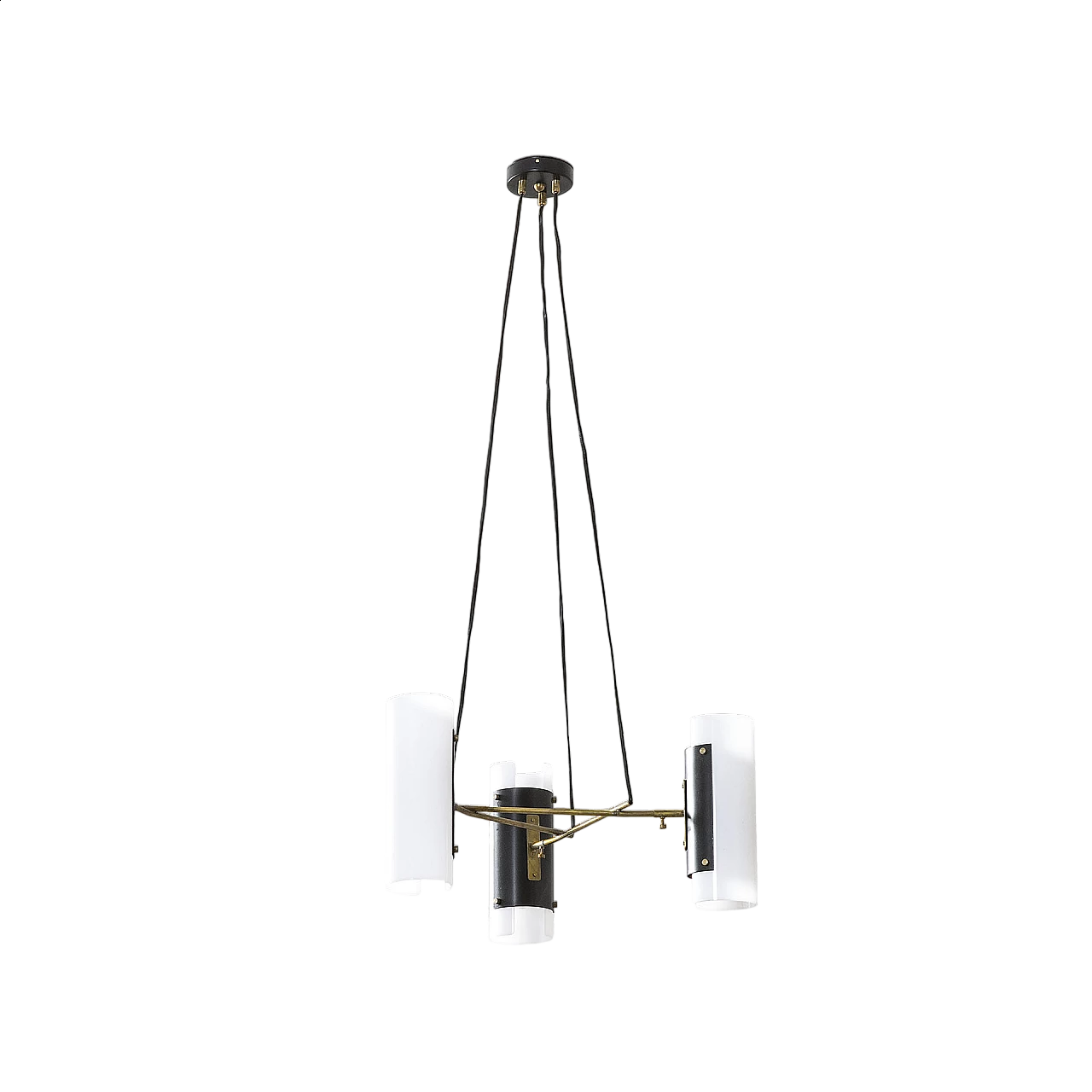 Chandelier with 3 glass diffusers and metal frame by Stilux, 1950s 7