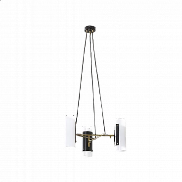 Chandelier with 3 glass diffusers and metal frame by Stilux, 1950s