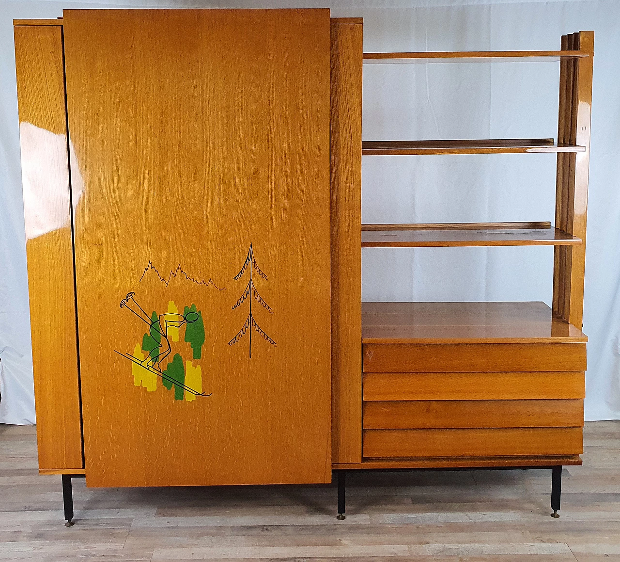 Beech wardrobe with bookcase, 1950s 1