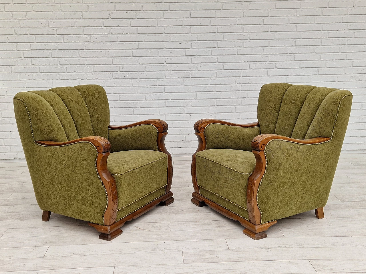 Pair of Danish oak armchairs upholstered in green fabric, 1950s 1